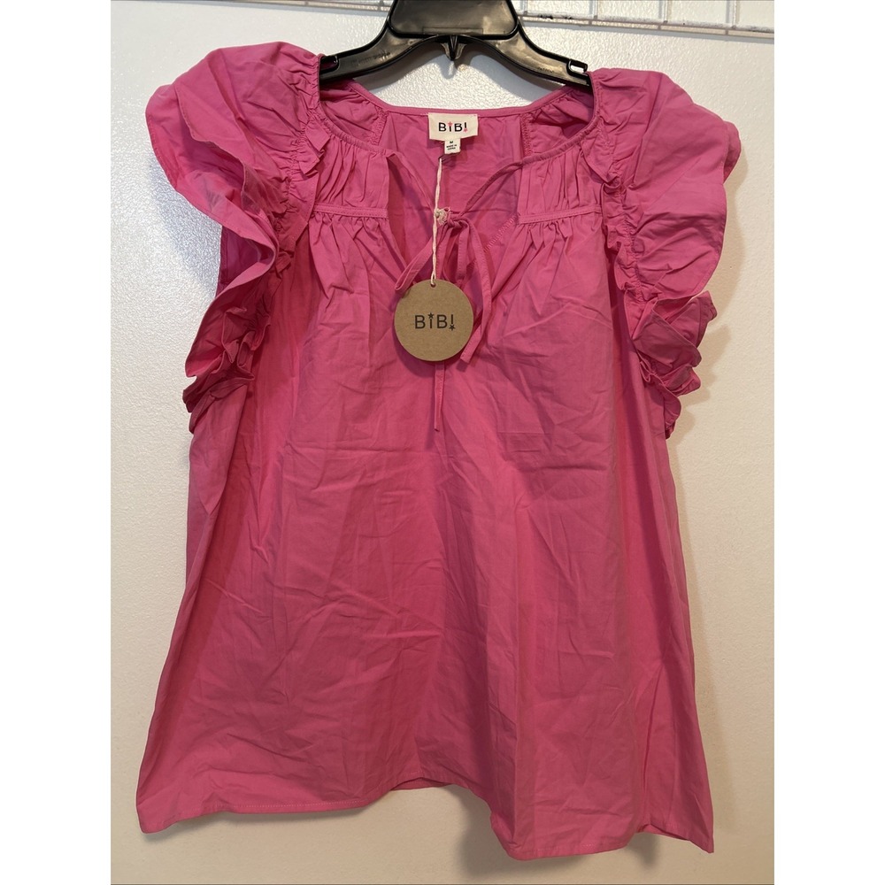 BiBi Women M Hot Pink‎ Ruffle Sleeve 100% Cotton Boutique Blouse 6202